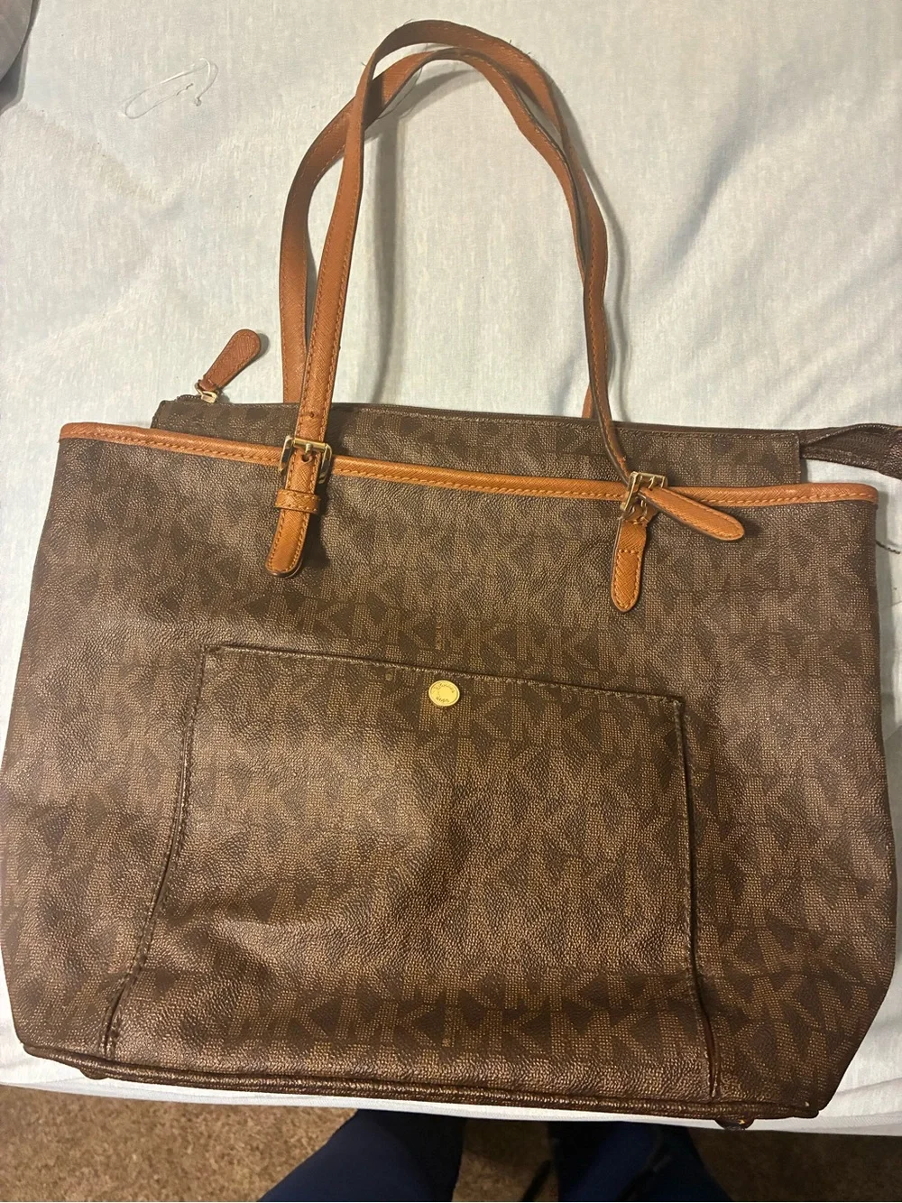 Michael Kors Brown Logo Tote with Tan Trim and Gold Hardware